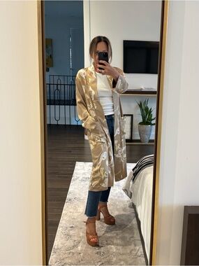 Aritzia Beige Floral Satin Duster Coat